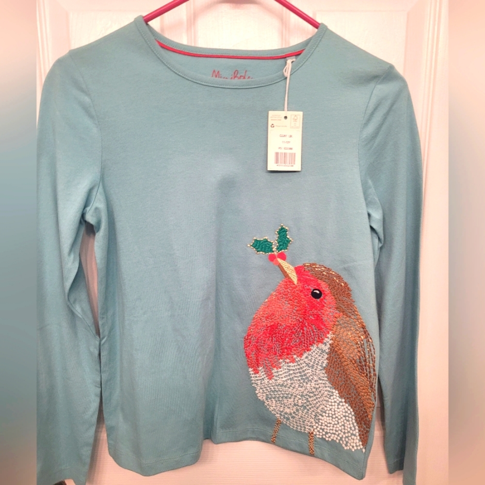 Mini Boden girl's appliqué tee, long sleeved, holiday theme, blue, size 11/12